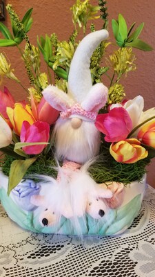 Easter table centerpiece with bunny gnome, Easter dining table decor, spring flower arrangement in tulip ceramic vase, bunny gnome decor - image3